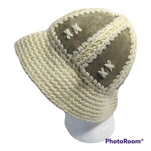 Vintage Fersten Bucket Hat Paneled Leather Acrylic Knit Taupe Cream OS Rare